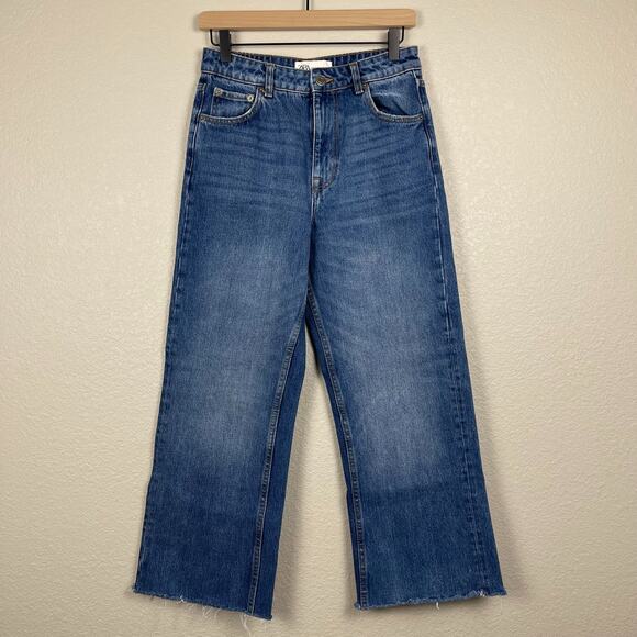 Zara High Waist Culottes Jeans Blue Size 4 Raw Hem Medium Wash Cotton Casual - Picture 4 of 13